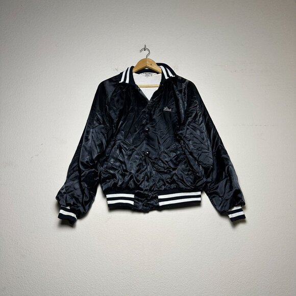 VTG Don Alleson Bomber Satin Varsity Jacket Women M Black "Lisa" 90s Button Up - Picture 1 of 15